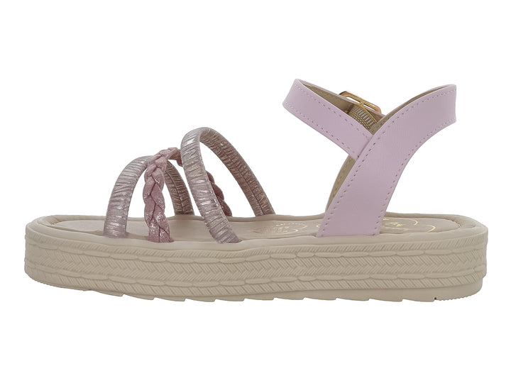 Sandalia infantil color lila con suela de plataforma beige y tiras trenzadas brillantes.