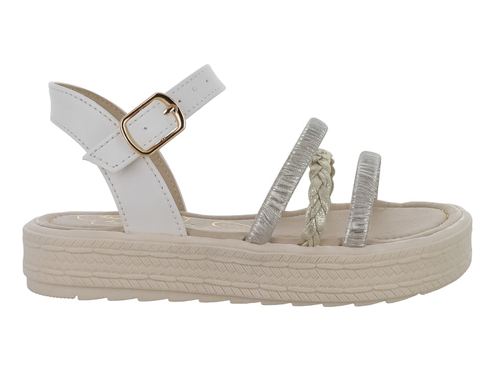 Sandalia de plataforma para Niña en colores blanco y beige con correas plateadas y hebilla dorada.