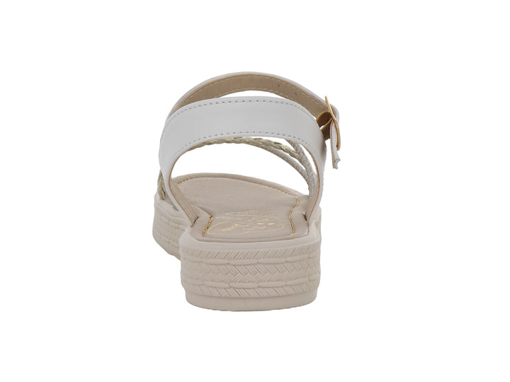 Sandalia de plataforma para Niña en colores blanco y beige con correas plateadas y hebilla dorada.