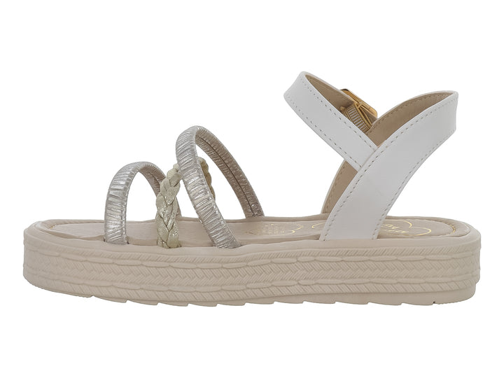 Sandalia de plataforma para Niña en colores blanco y beige con correas plateadas y hebilla dorada.