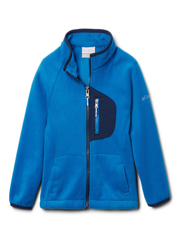 Chaqueta de fleece Columbia color azul brillante con bolsillo frontal en azul marino y cierre completo.