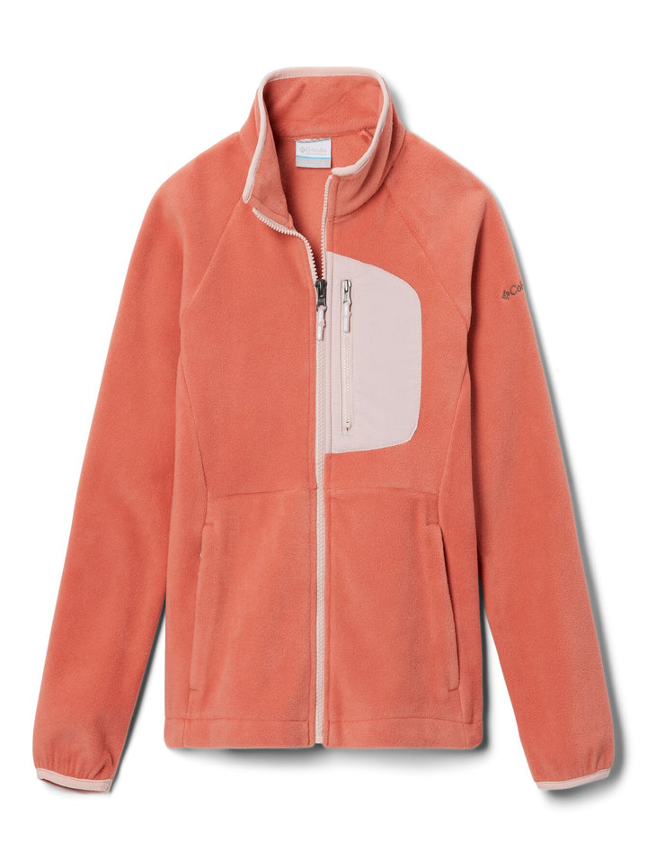 Chaqueta Columbia Fast Trek III Fleece en color durazno desvanecido con detalle en rosa palo y cierre completo.