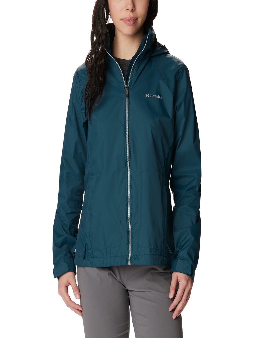 Chaqueta Columbia color azul petróleo con capucha y cierre frontal.