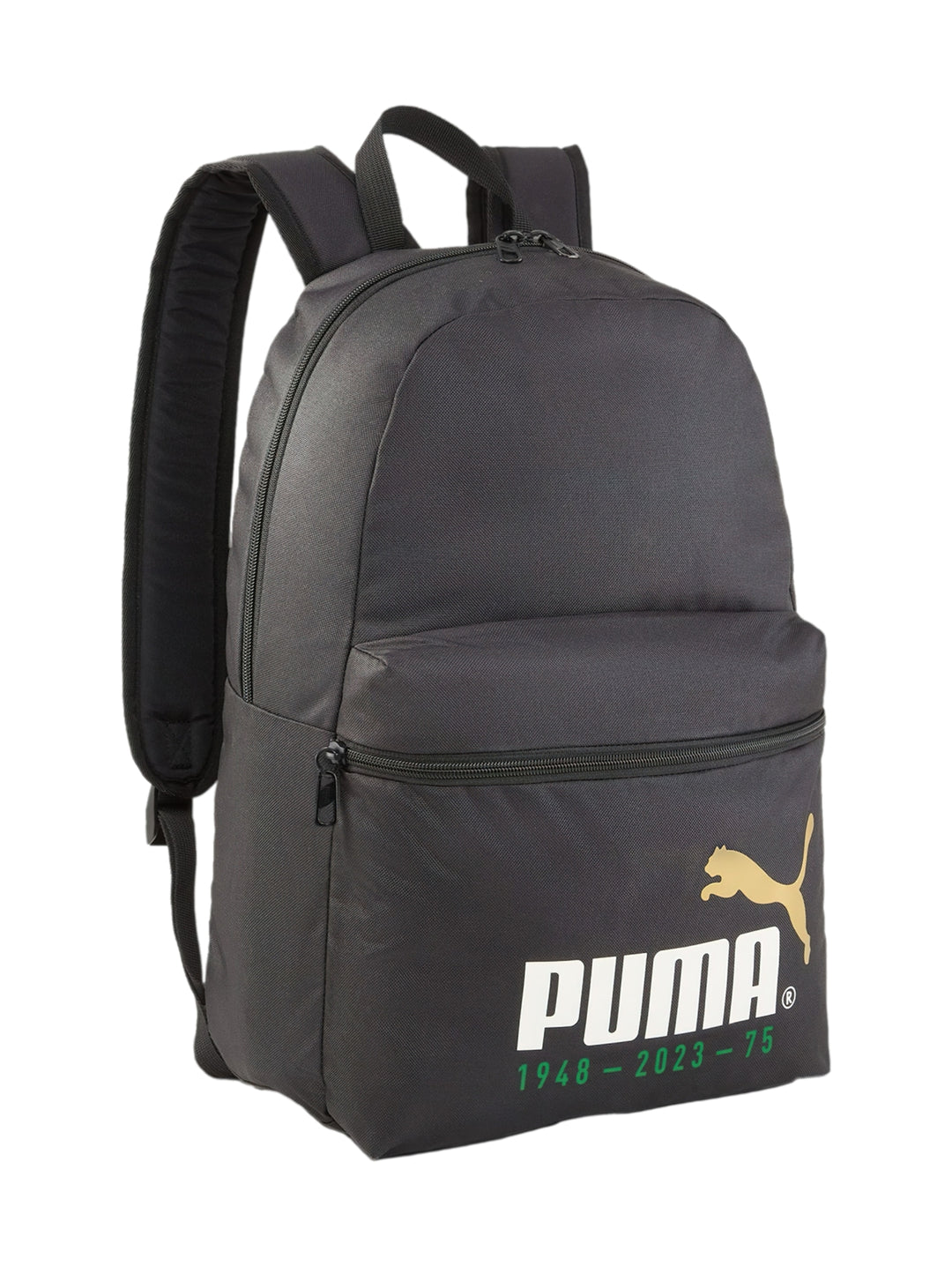 Mochila PUMA negra con logotipo blanco y dorado en el frente, diseño deportivo con bolsillo delantero.