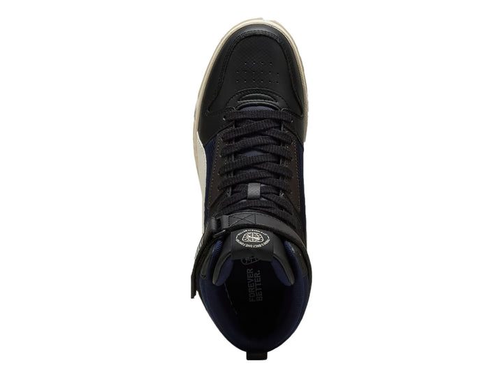 Tenis PUMA RBD Game Better en color negro con detalles en blanco y azul marino, diseño de bota alta para baloncesto.