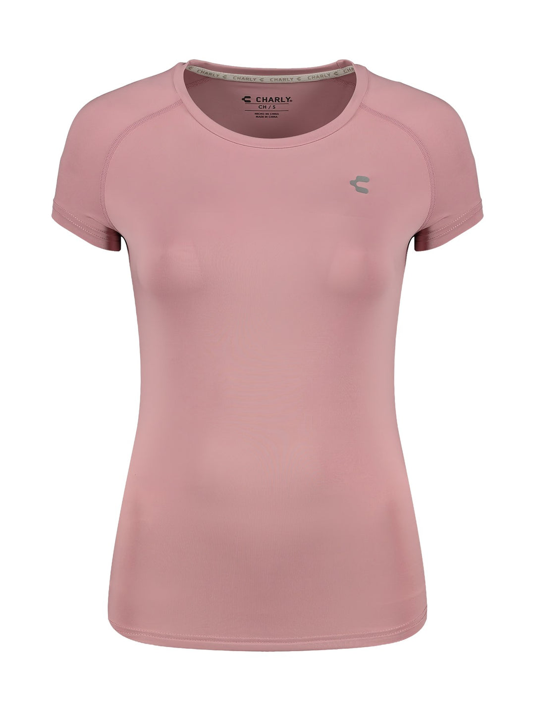 Playera deportiva color rosa con manga corta y cuello redondo.