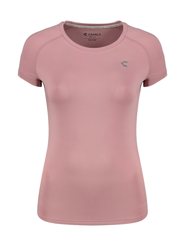Playera deportiva color rosa con manga corta y cuello redondo.