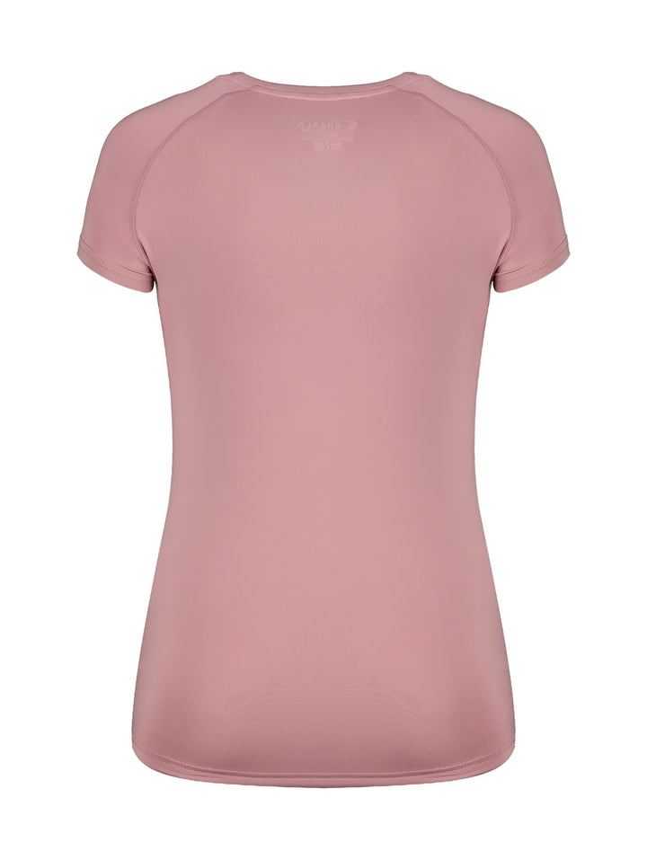 Playera deportiva color rosa con manga corta y cuello redondo.