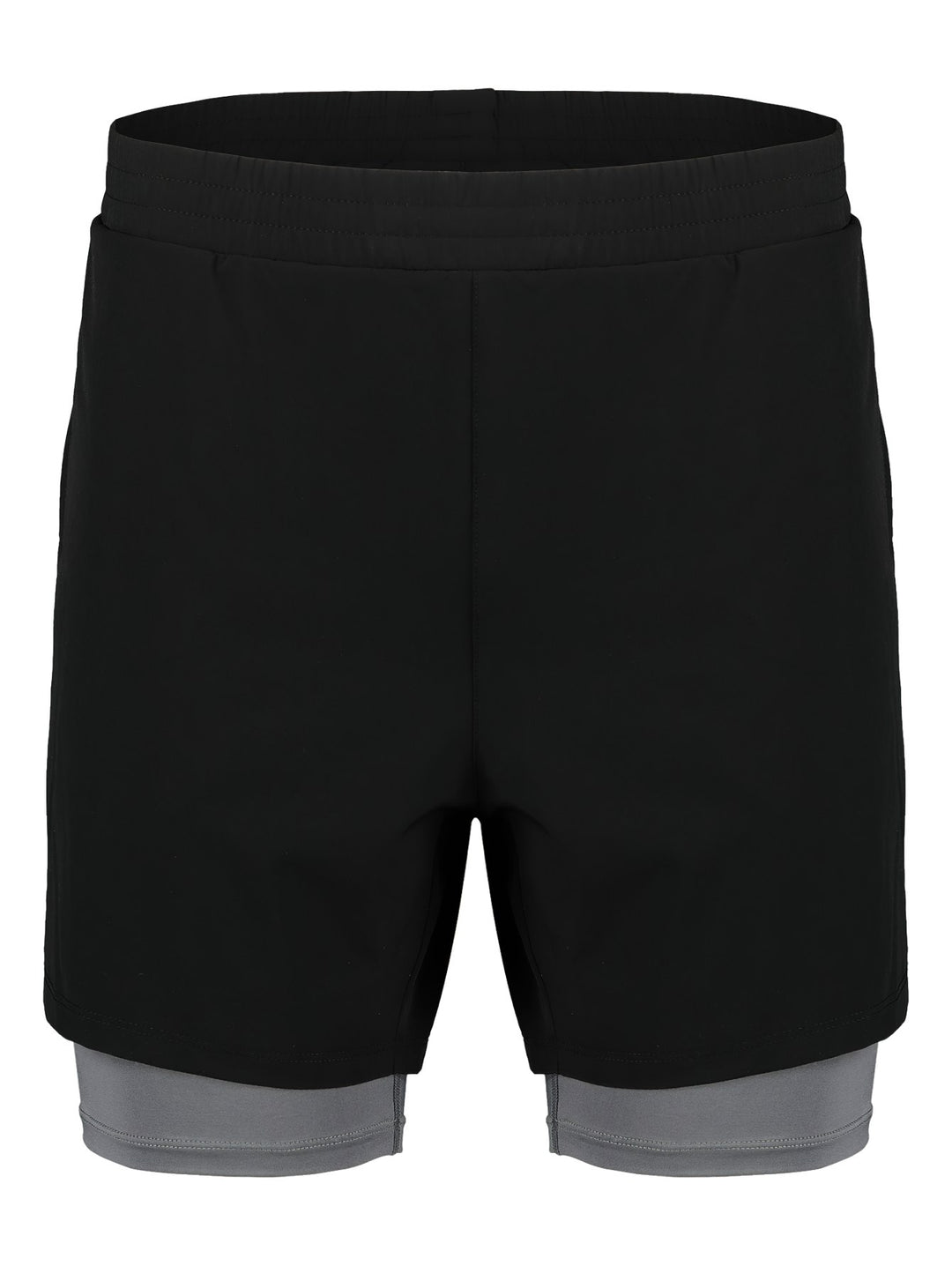 Shorts deportivos color negro con banda gris en la parte inferior.