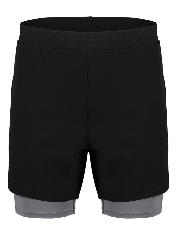 Shorts deportivos color negro con banda gris en la parte inferior.