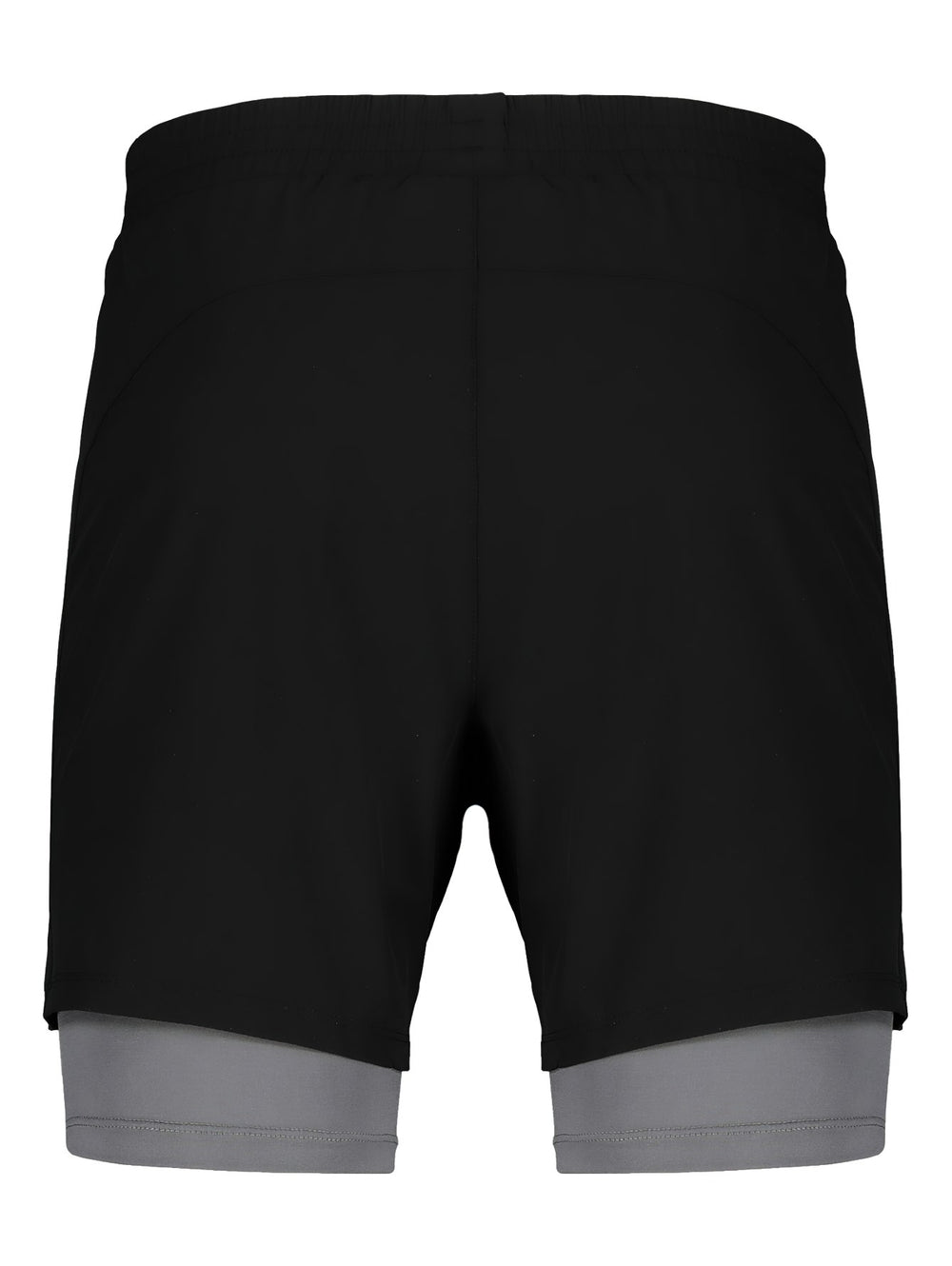 Shorts deportivos color negro con banda gris en la parte inferior.