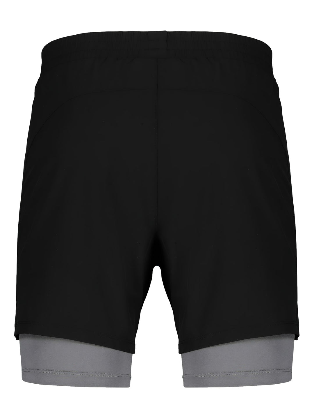 Shorts deportivos color negro con banda gris en la parte inferior.