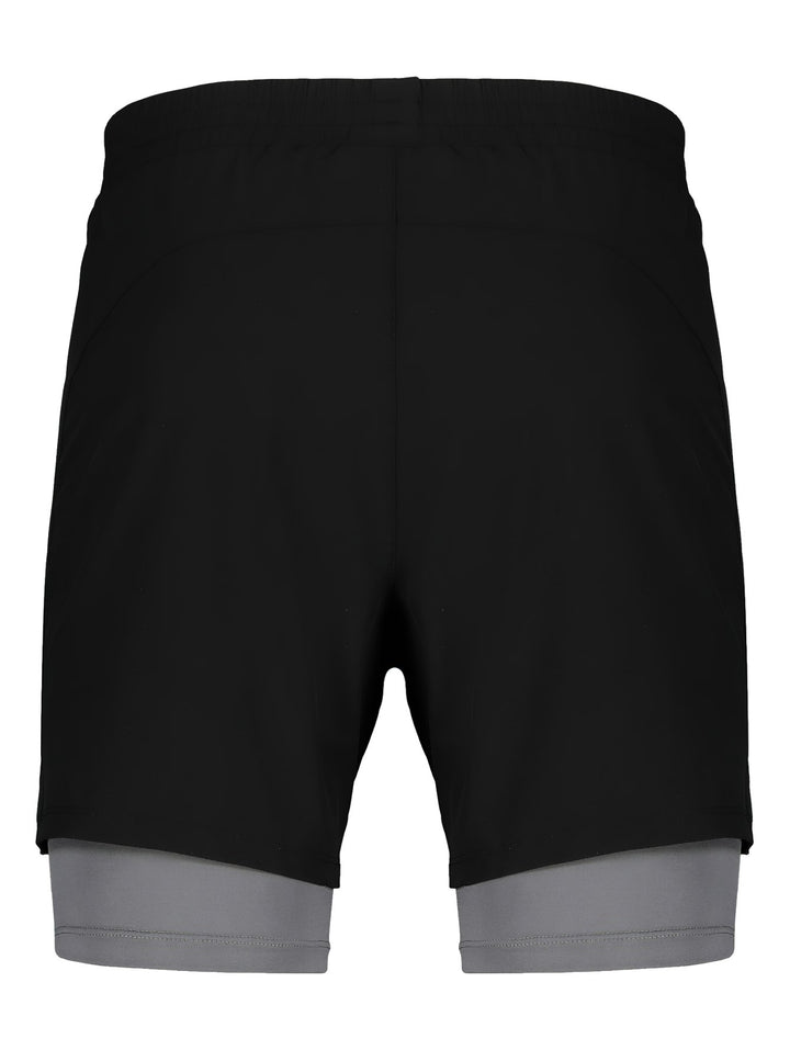 Shorts deportivos color negro con banda gris en la parte inferior.