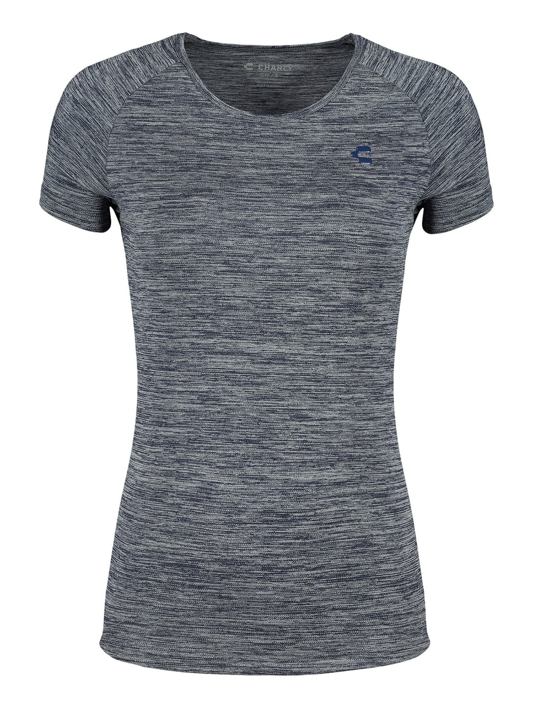 Playera deportiva de manga corta para mujer en color azul obscuro jaspeado con logo de Charly en el pecho.