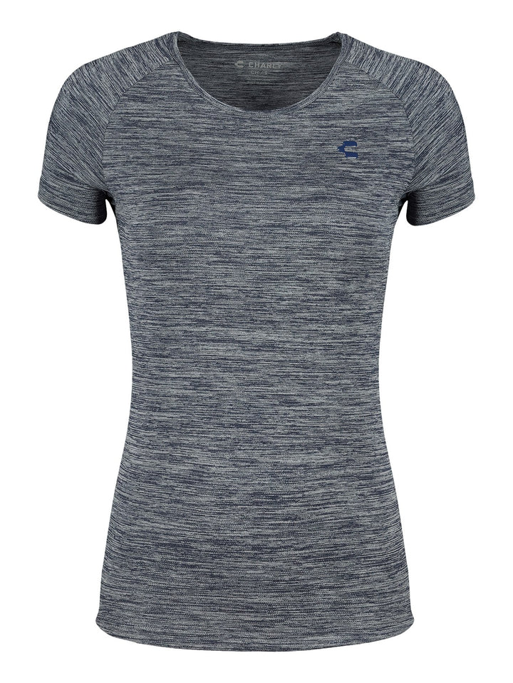 Playera deportiva de manga corta para mujer en color azul obscuro jaspeado con logo de Charly en el pecho.