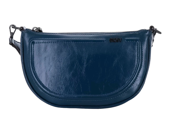 Bolso de hombro DKNY en color azul marino con forma semicircular y acabado brillante.