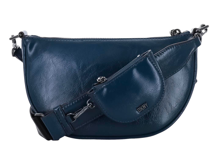 Bolso de hombro DKNY en color azul marino con forma semicircular y acabado brillante.