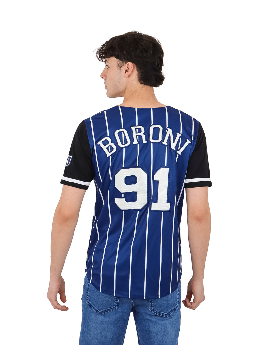 Jersey de béisbol azul marino con rayas blancas, mangas negras y estampado de los personajes de Rugrats.