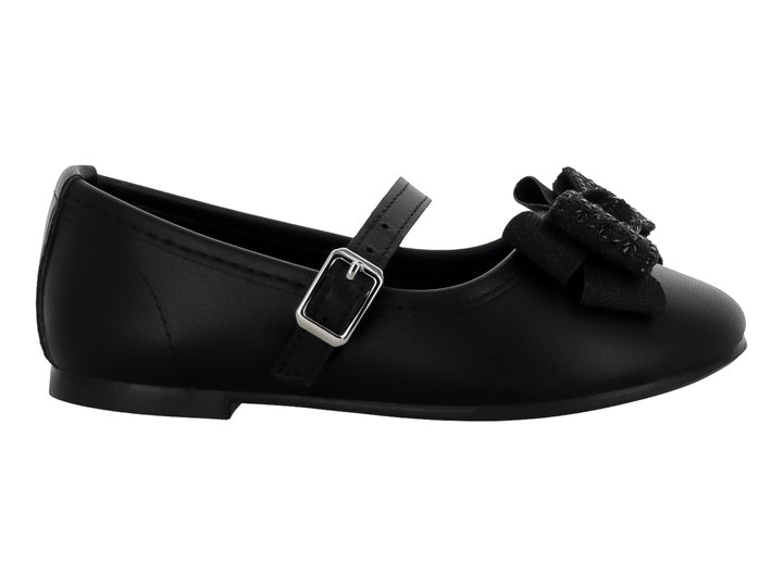Zapato plano negro para Niña con correa de hebilla y moño decorativo en la parte superior.