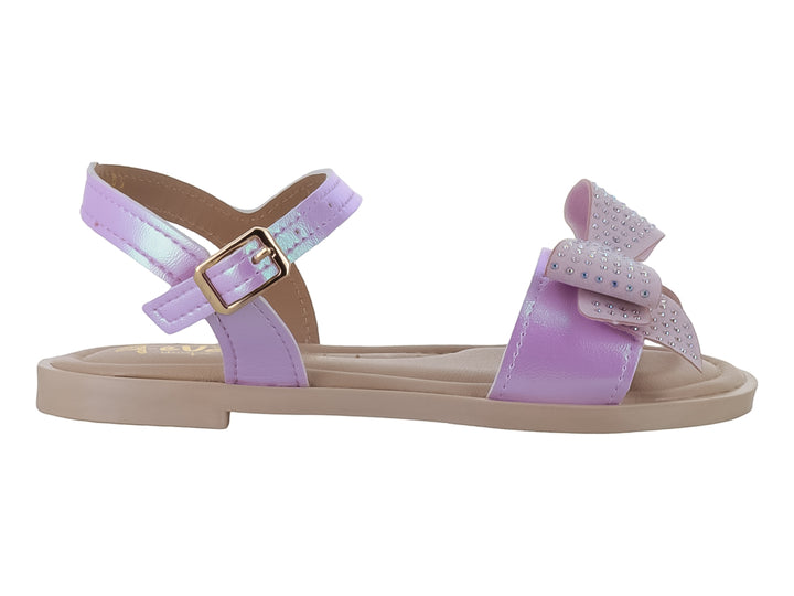 Sandalia rosa para niña con moño decorativo brillante y correa de tobillo con hebilla dorada.