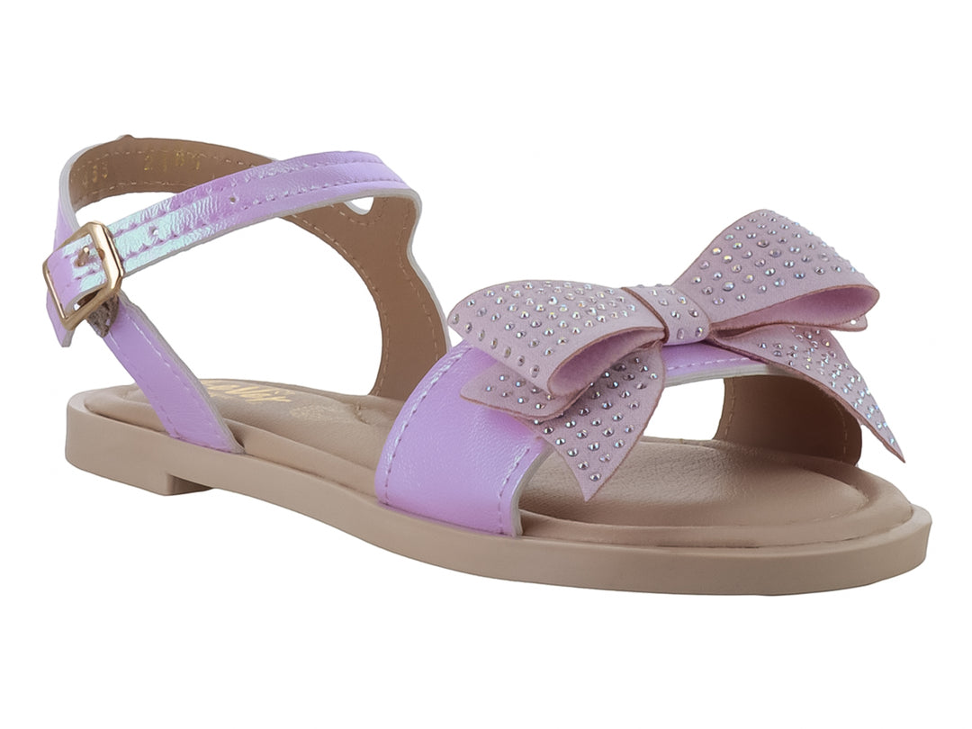 Sandalia rosa para niña con moño decorativo brillante y correa de tobillo con hebilla dorada.