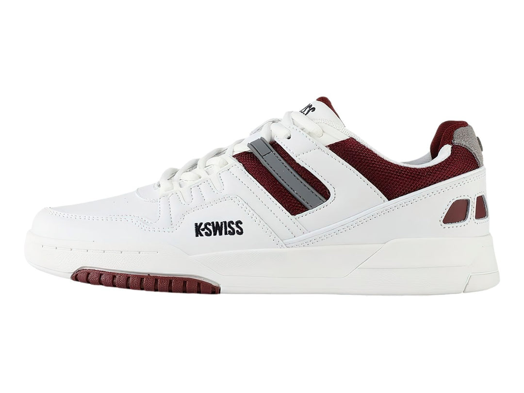 Tenis K-Swiss Match Rival en color blanco con detalles en color vino y gris, vista lateral.