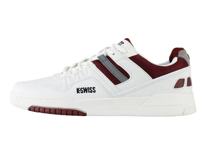 Tenis K-Swiss Match Rival en color blanco con detalles en color vino y gris, vista lateral.