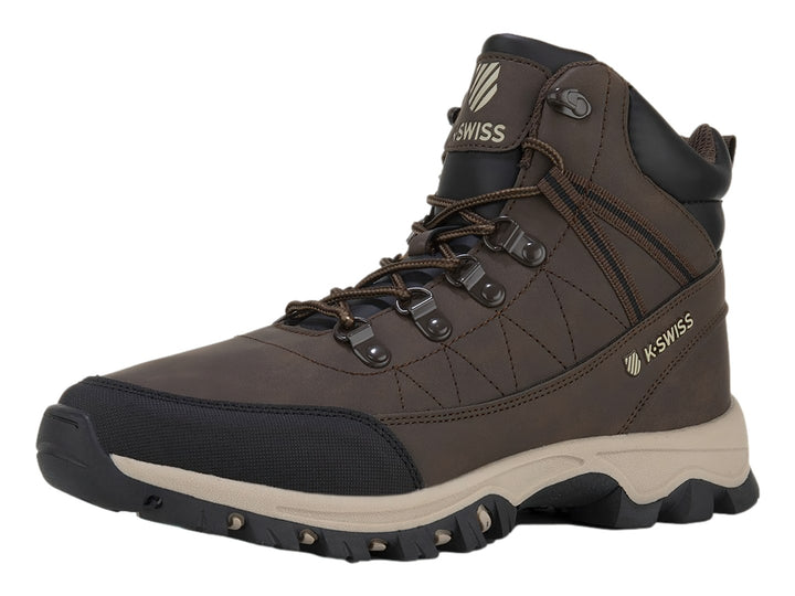 Botas K-SWISS color café con suela beige y detalles en negro, diseño para exterior.