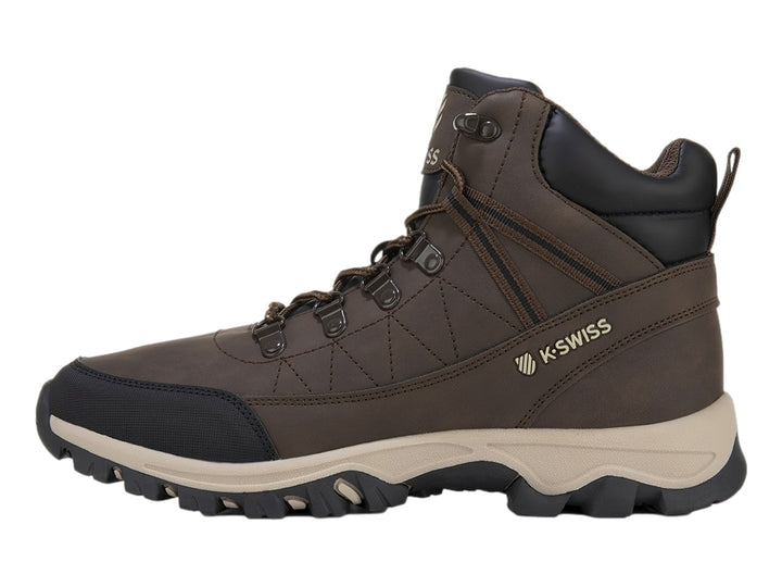Botas K-SWISS color café con suela beige y detalles en negro, diseño para exterior.