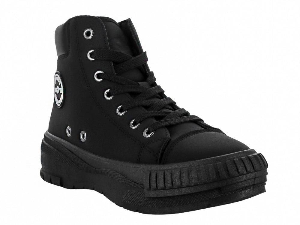 Tenis Lotto Oddiseo color negro monocromo, diseño de bota con suela robusta y cordones.