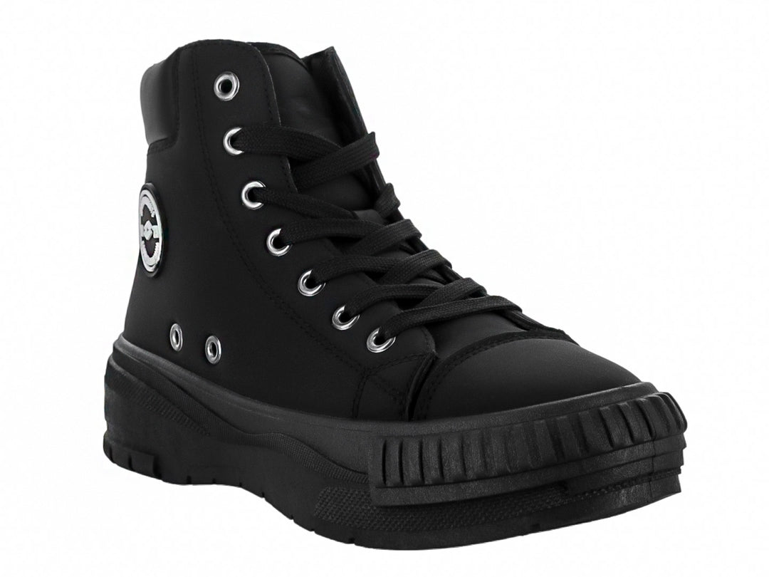 Tenis Lotto Oddiseo color negro monocromo, diseño de bota con suela robusta y cordones.