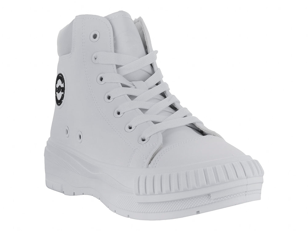 Tenis botín color blanco con suela gruesa y cordones.