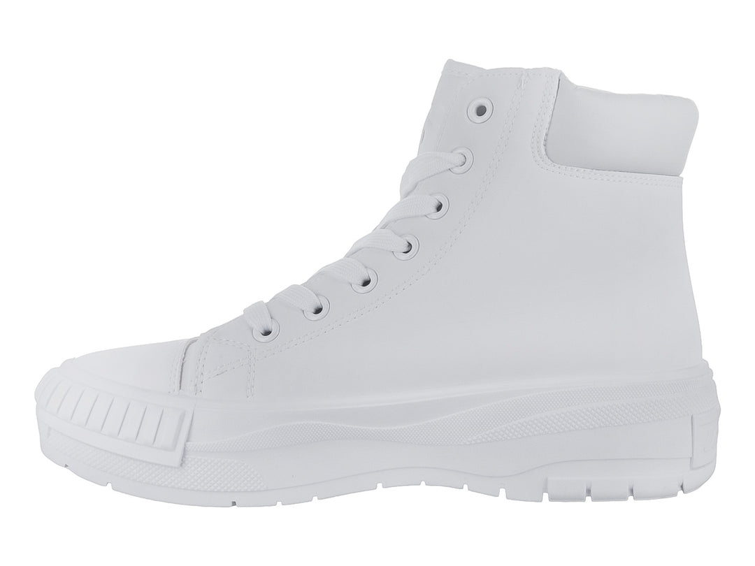 Tenis botín color blanco con suela gruesa y cordones.