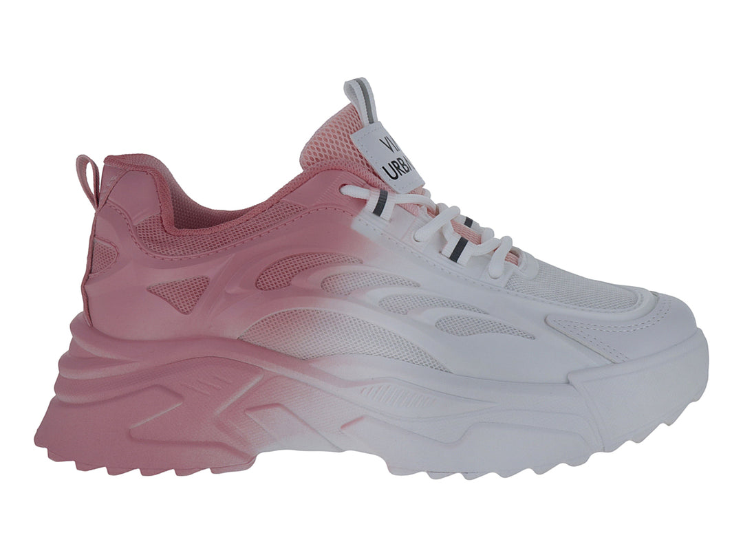 Tenis Via Urbana con degradado de color rosa a blanco y suela gruesa blanca.