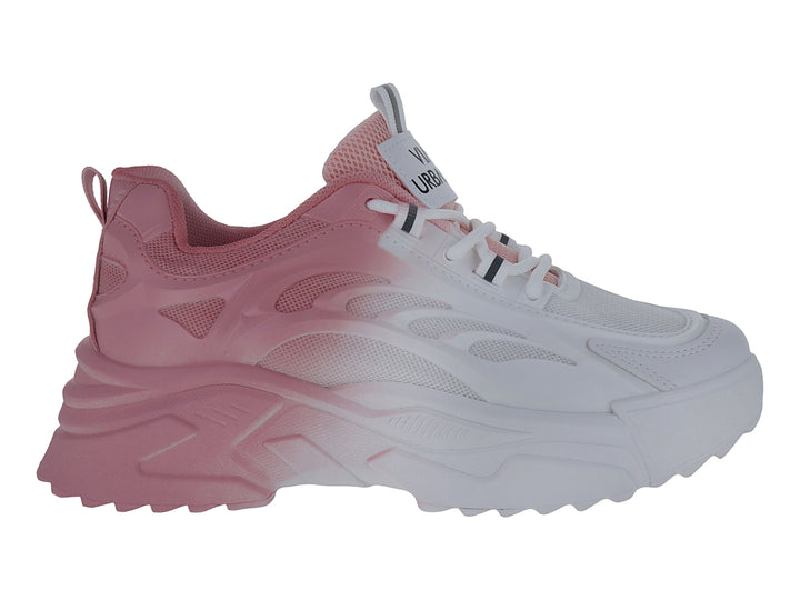 Tenis Via Urbana con degradado de color rosa a blanco y suela gruesa blanca.