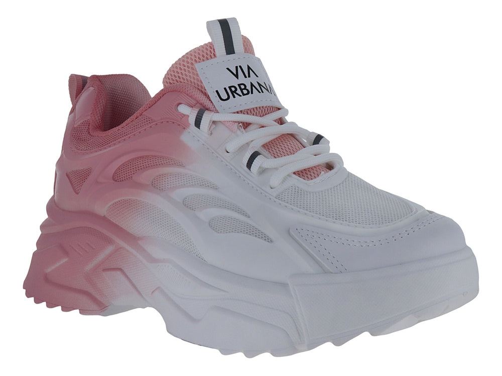 Tenis Via Urbana con degradado de color rosa a blanco y suela gruesa blanca.