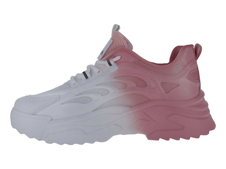 Tenis Via Urbana con degradado de color rosa a blanco y suela gruesa blanca.