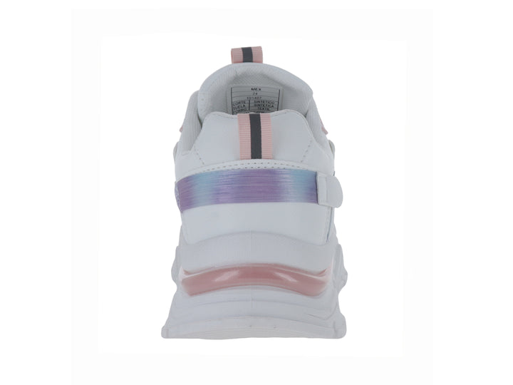 Tenis blancos Via Urbana con detalles en rosa y toques iridiscentes, con suela ancha y blanca.