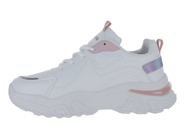 Tenis blancos Via Urbana con detalles en rosa y toques iridiscentes, con suela ancha y blanca.