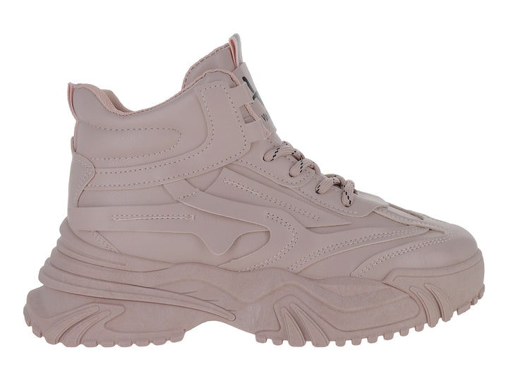 Tenis chunky color rosa con suela gruesa y cordones.