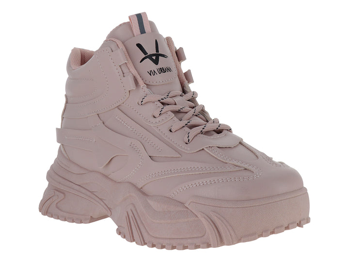 Tenis chunky color rosa con suela gruesa y cordones.