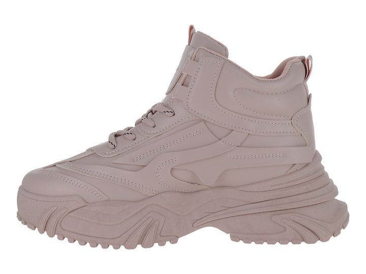 Tenis chunky color rosa con suela gruesa y cordones.