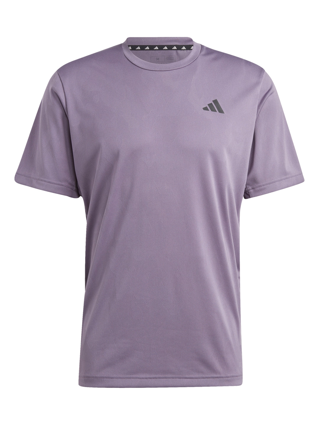 Camiseta deportiva Adidas de color morado con logo negro en el pecho y manga corta.