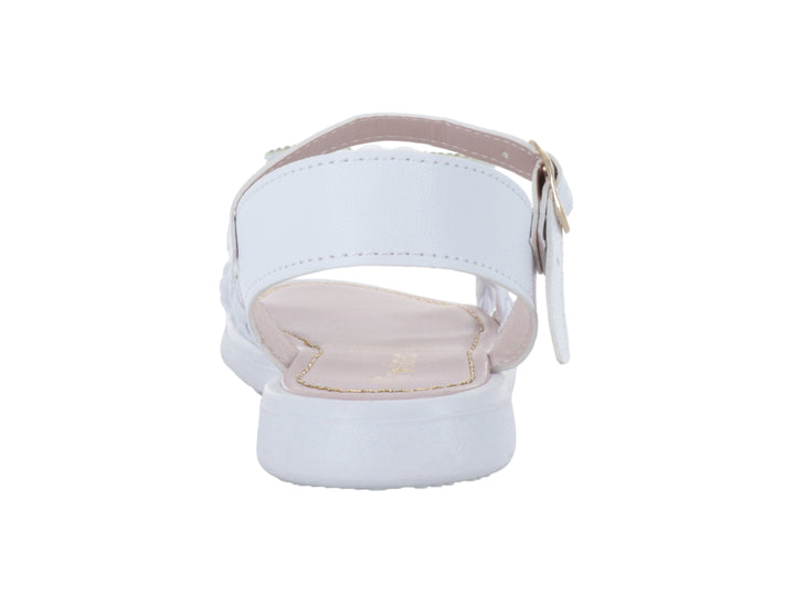 Sandalia blanca para niña con moño decorativo brillante y correas trenzadas.