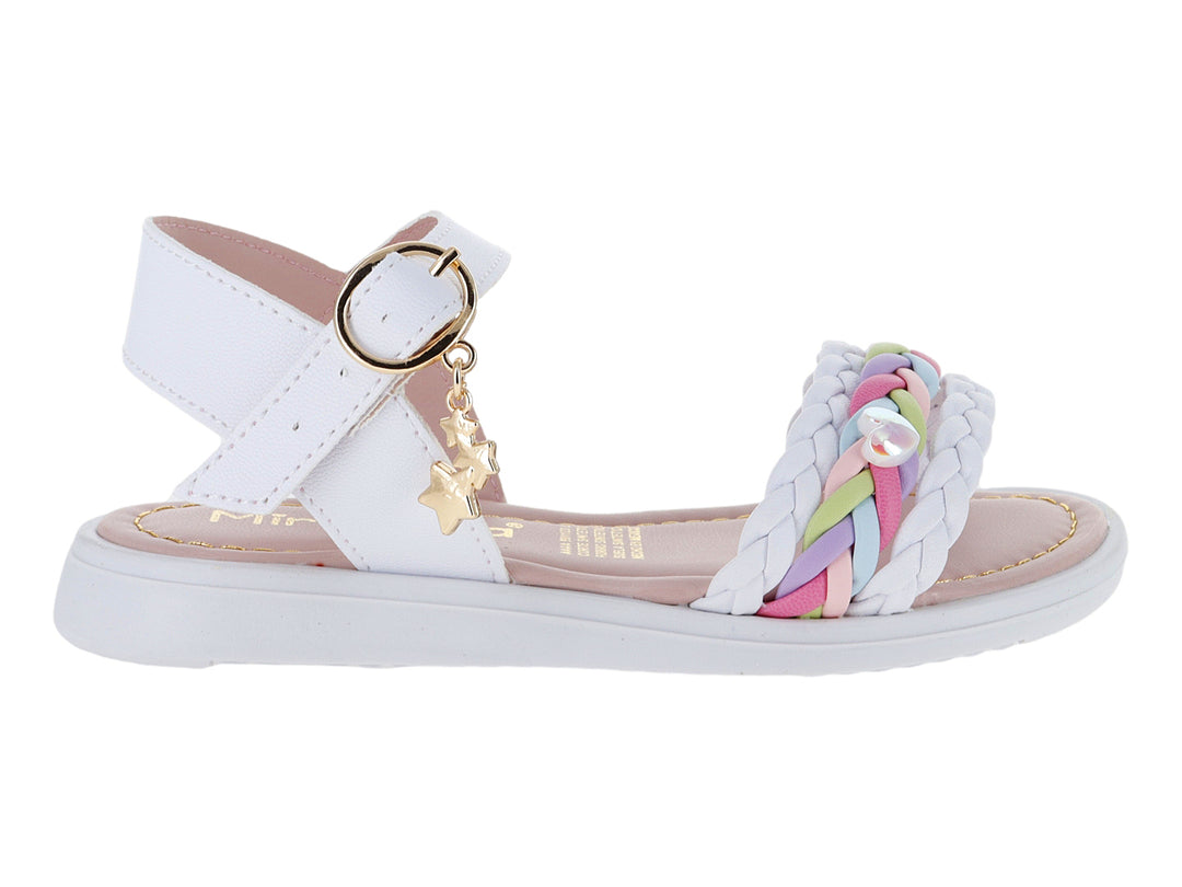 Sandalia blanca para niña con correa ajustable, hebilla dorada y tira frontal trenzada en colores pastel.