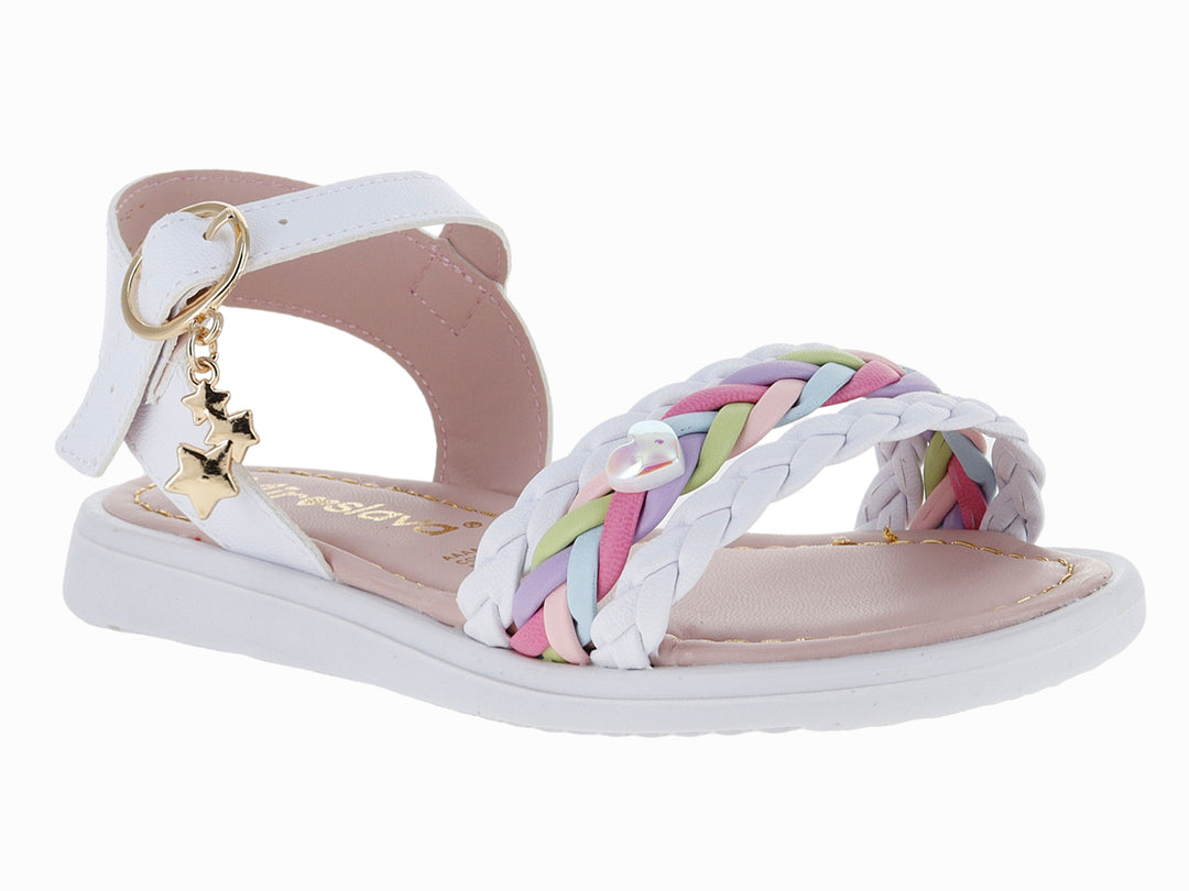 Sandalia blanca para niña con correa ajustable, hebilla dorada y tira frontal trenzada en colores pastel.