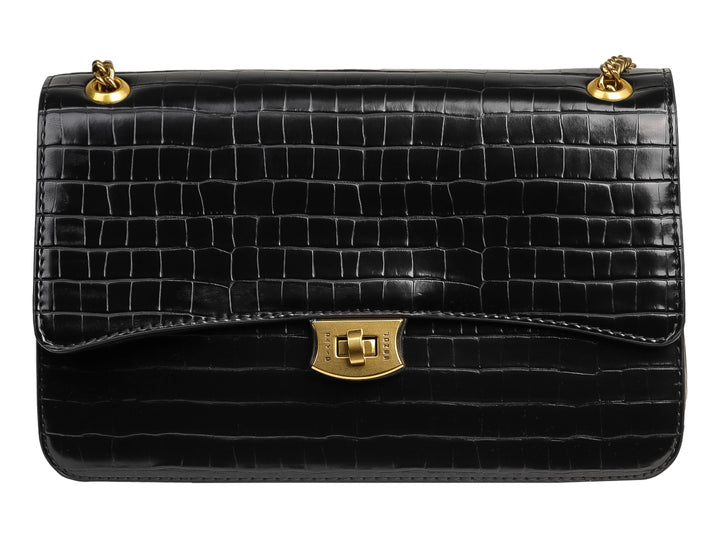 Bolso de hombro negro con textura de piel de cocodrilo y detalles metálicos en color dorado.