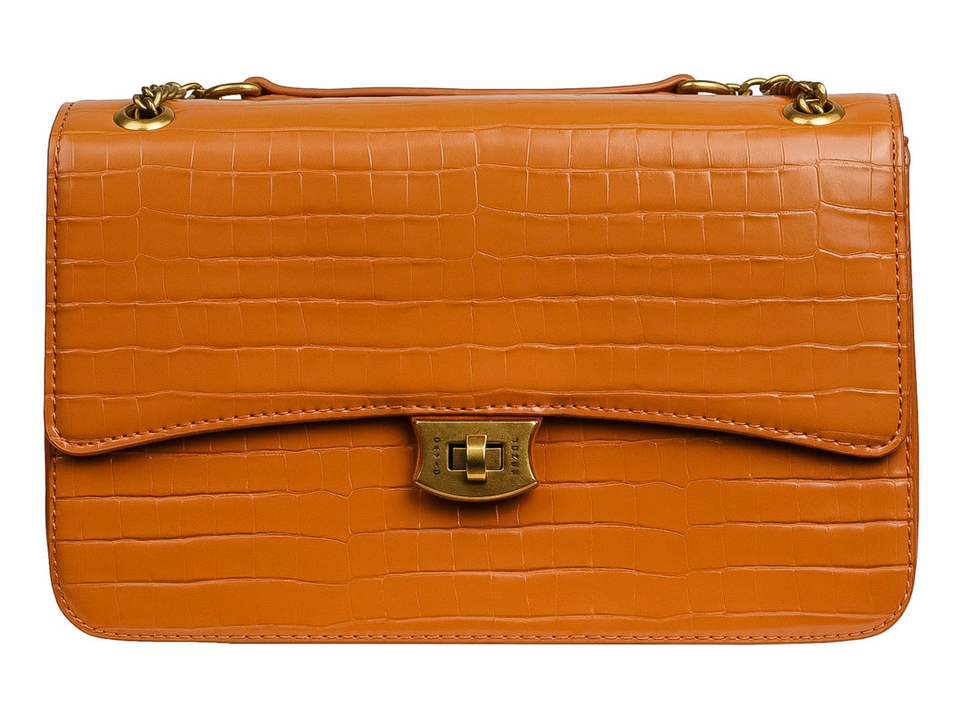 Bolso de hombro David Jones color caramelo con textura de piel de cocodrilo y herrajes dorados.