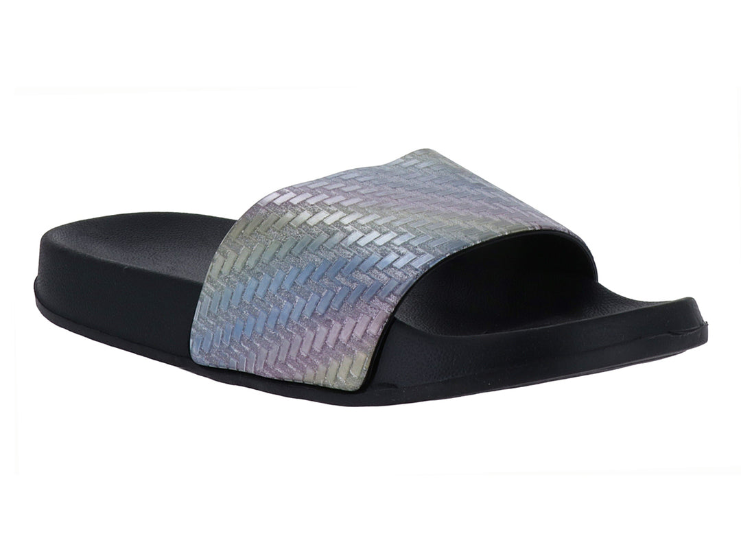 Sandalia deslizable de color negro con banda superior en tonos multicolor brillantes.