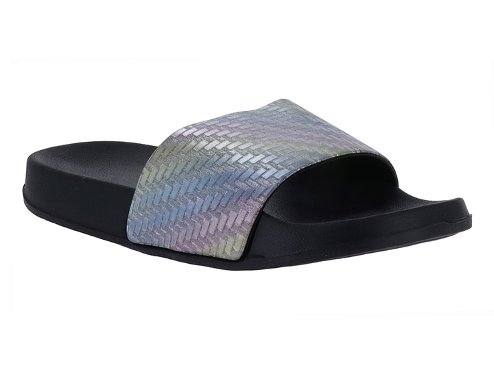 Sandalia deslizable de color negro con banda superior en tonos multicolor brillantes.